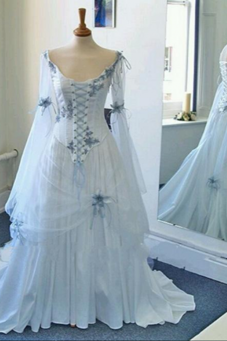 Vintage Celtic Wedding Dresses White And Pale Blue Colorful Medieval Bridal Gowns Scoop Corset Long Sleeves Appliques Custom Made