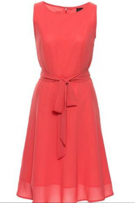 Coral Bridesmaid Dresses with Ribbon A Line Crew Neckline Tea Length Chiffon Bridesmaid Gowns Wedding Party