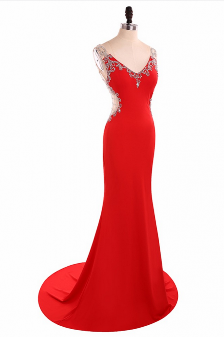Fashion V Neck Mermaid Satin Lace Beaded Red Long Evening Dresses Gowns 2018 Vestido Noche Zipper-up Court Train