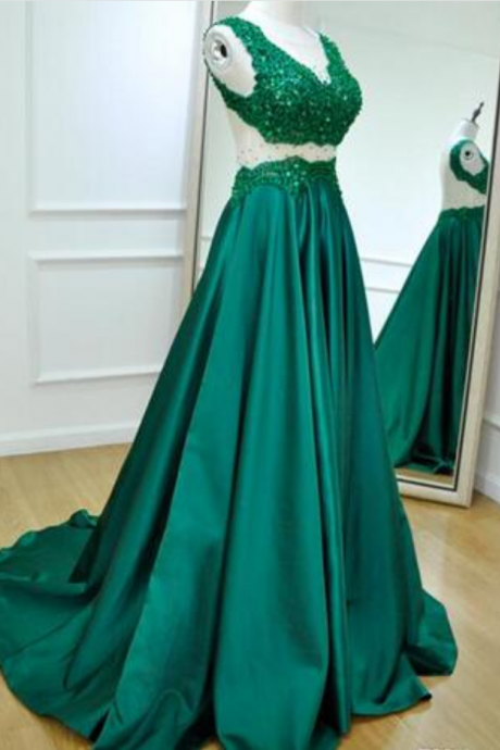 Green Long Prom Dresses 2018 Crystal Beaded Appliques Satin Evening Gowns Vestido De Festa Backless Formal Evening Dress