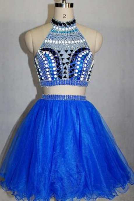Royal Blue Short Prom Dress Cocktail Dresses Homecoming Dresses Two Pieces Halter Sleeveless Ball Gown With Beads And Tulle