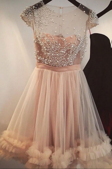 Beading Tulle Short Prom Dress 2018 Dress For Graduation A-line Pink Homecoming Party Gown