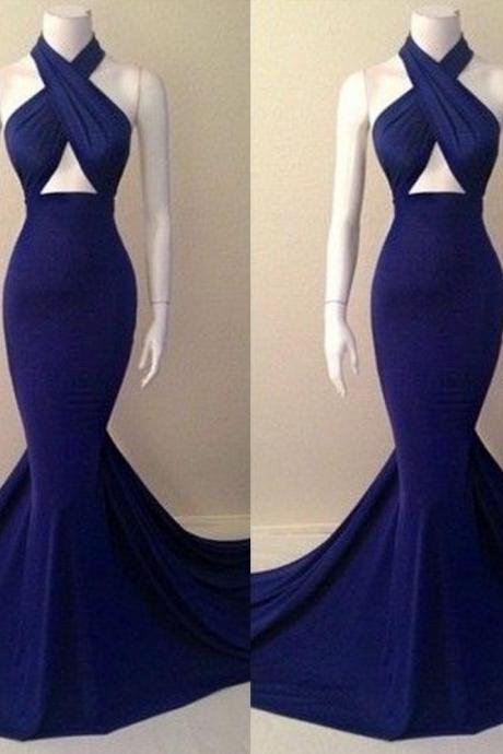 Navy Blue Dresses Halter Floor Length Mermaid Spandex Prom Dresses Backless Mermaid Women Evening Gown