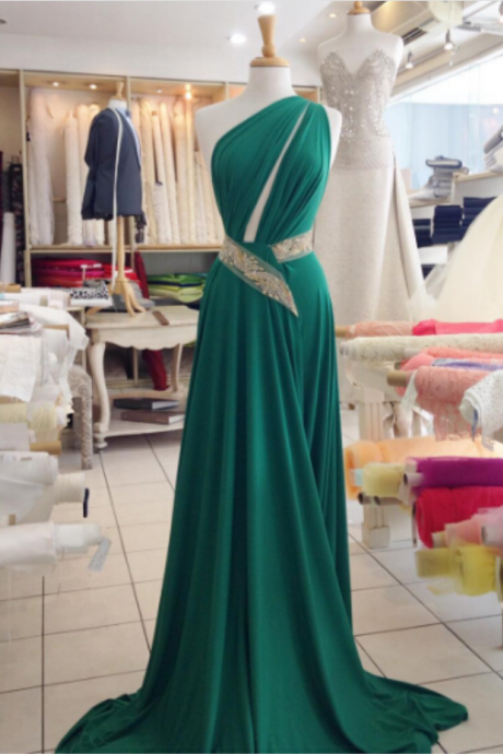 Green A Line Satin Evening Dresses One Shoulder Cutout Prom Dresses Sleeveless Party Dress Gowns Vestidos
