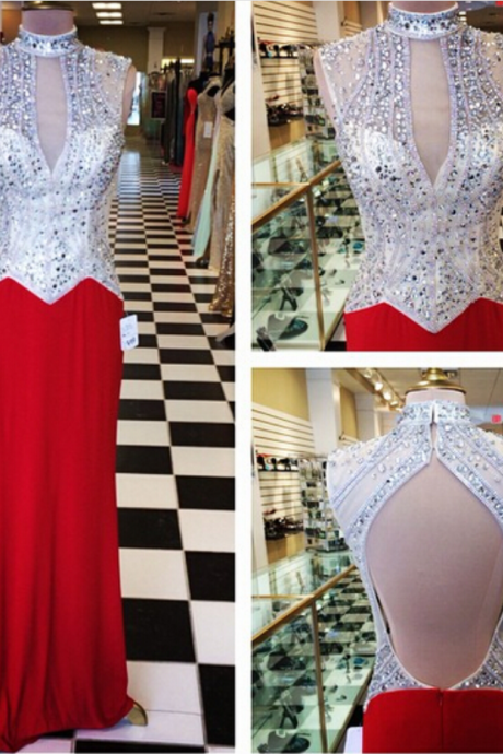Mermaid Red Prom Dresses High Neck Beading Crystals Evening Dresses Party Gowns Vestidos