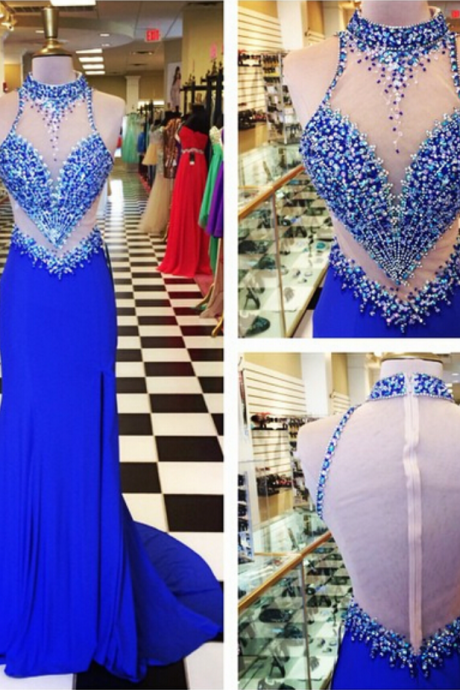 Royal Blue Mermaid Satin Prom Dresses High Neck Beading Crystals Evening Dresses Party Gowns Vestidos
