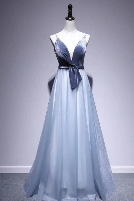 Sexy Blue Velvet Strapless Dress, Simple V-neck Strapless Party Dress, Long Blue Tulle Party Dress