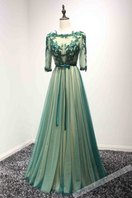 Lace Short Sleeve Prom Dresses,,prom Dresses,evening Dress Green Tulle Lace Applique Long Prom , Formal Women Dress