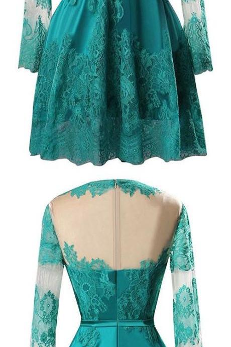 Style A-line Scoop Neck Satin Tulle Short/mini Appliques Lace Long Sleeve Prom Dresses