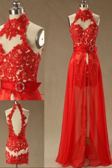 Custom Made Fine Sleeveless Prom Dresses, Red Sleeveless Prom Dresses, Short Homecoming Dresses, Red Mermaid High Neck Lace Beaded Long Prom