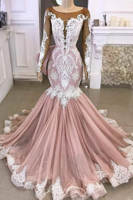 Long Sleeve Mermaid Prom Dresses | Beads Lace Appliques Evening Gowns