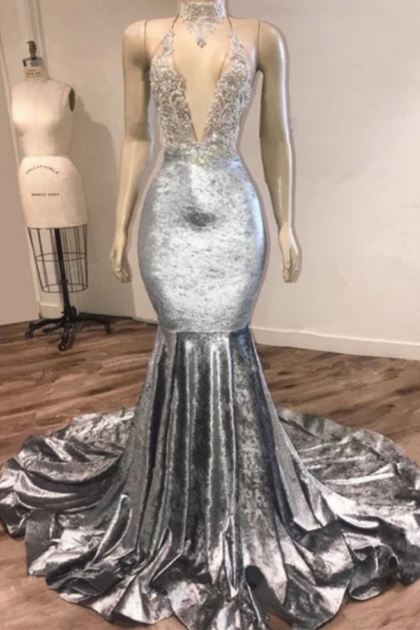 Prom Dress Open Back Velvet Prom Dresses | Mermaid Sexy V-neck Crystals Appliques Formal Evening Gowns