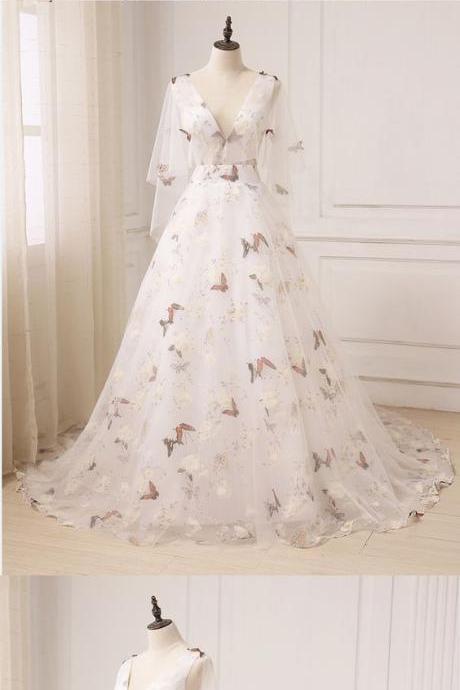 Unique Ivory, Floral Print ,tulle Long V Neck Sweet Prom Dress With Sleeves ,deep V Neck , 2018 Fashion ,prom Dresses
