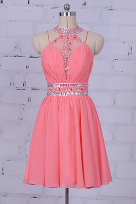 Pink Chiffon Prom Dress, Strapless Short See Through Prom Dress, Pink Short Party Dress, Halter Neck Evening Dresses