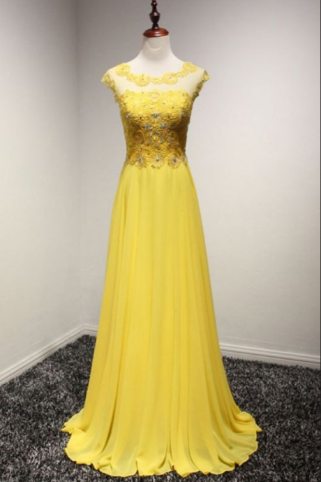 Flowy Long Chiffon Party Dress, Prom Dress In Yellow With Lace ,beading Topfloor Length Prom Dress