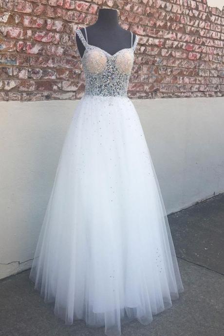 White Sweetheart Neck Tulle ,beads, Long Prom Dress, White Evening Dress,custom Made
