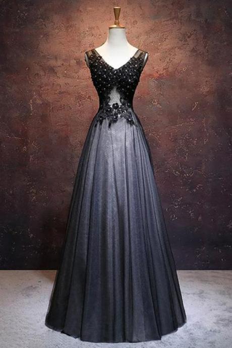 Black Tulle, Long A-line,v Neck, Long Halter ,senior Prom Dress With Lace Appliqués ,sexy Custom Made , Fashion