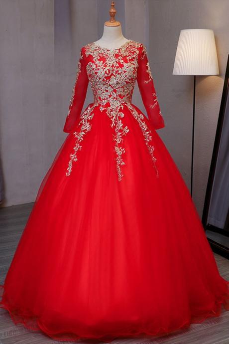 Stylish Red Tulle ,long Evening Dress With Gold Lace Appliqués, Long Sleeves ,formal Prom Dress ,sexy Custom Made , Fashion