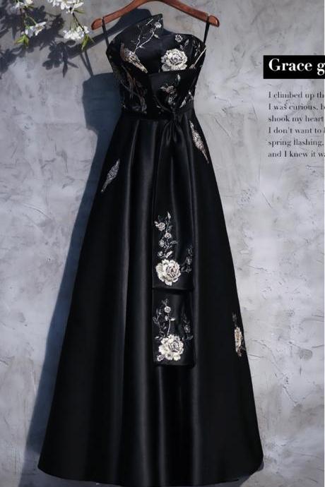 Black Flower Embroidery, Satin Strapless, Long Formal Dress, Black Prom Dress With Sash,sexy Custom Made , Fashion