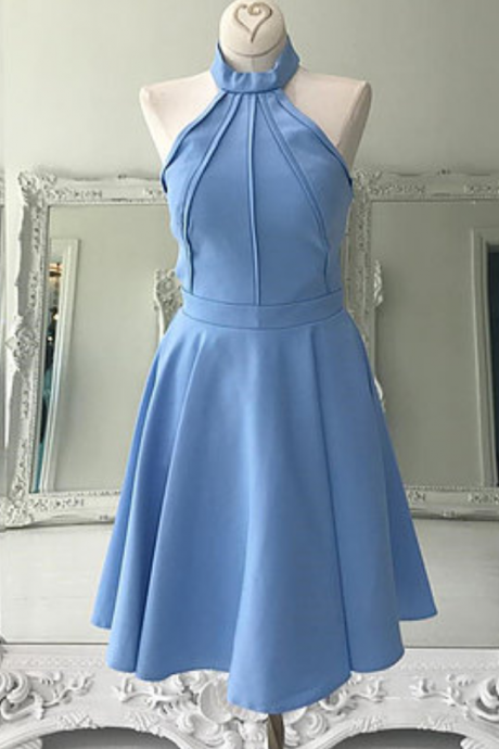 Simple Blue Satin, Short High Neck Homecoming Dress, Prom Dresses 2018, Fashion,custom Made