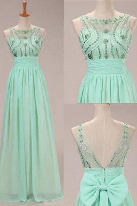 Cute Mint Green Chiffon, Beaded O-neck, Long Handmade ,senior Prom Dress With Sequins, 2018 Homecoming Dress With Bow Knot