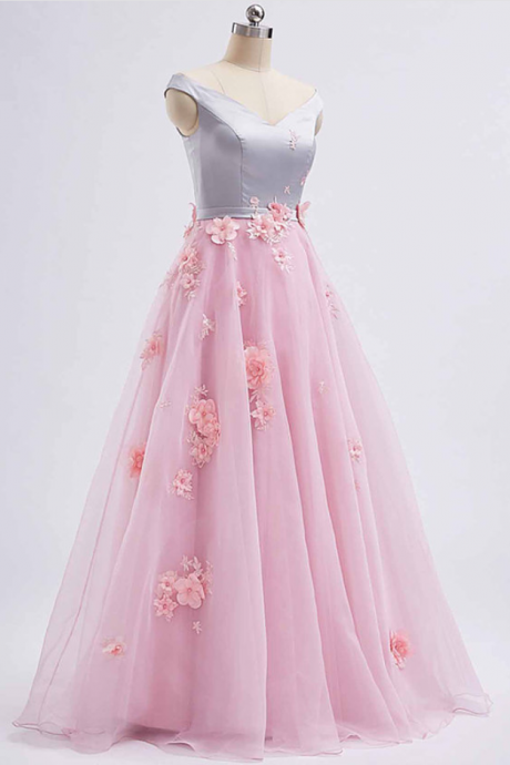 Pink tulle V neck ,long 3D lace appliqué ,spring prom dress, long graduation dress, Chic Long Prom Dresses ,2018 New Fashion,Custom Made
