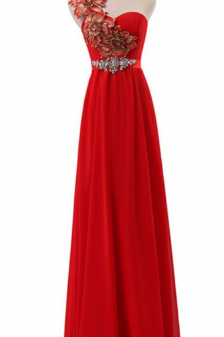 Red Sleeveless Ball Gown, Formal Evening Gown, One Shoulder Evening Dress, 3d Flower Applique , Floor Length Prom Dress