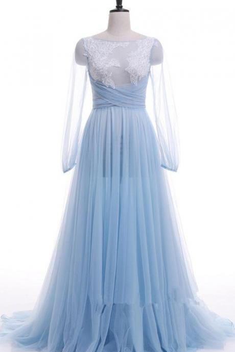 Blue Party Neck Is Very Low, Long Sleeve Evening Dress Open Formal Party Dress