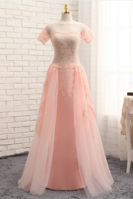 Detachable Skirt Evening Dresses Sheath Cap Sleeves Pink Chiffon Lace Elegant Long Evening Gown Prom Dresses Prom Gown
