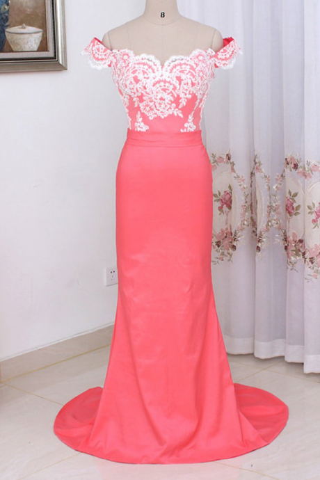 Coral Satin Off Shoulder Long Mermaid Prom Dress, White Lace Evening Dress