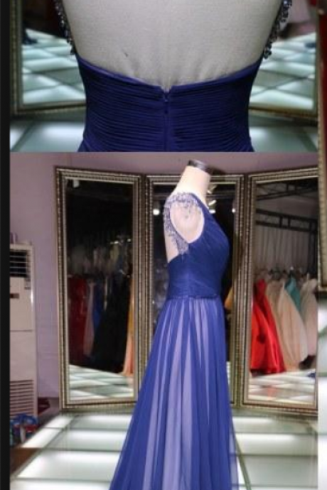 Elegant Fashion Royal Blue Formal Evening Wear Gowns V Neck Pleated Chiffon Backless Keyhole Back Beaded Sweep Train