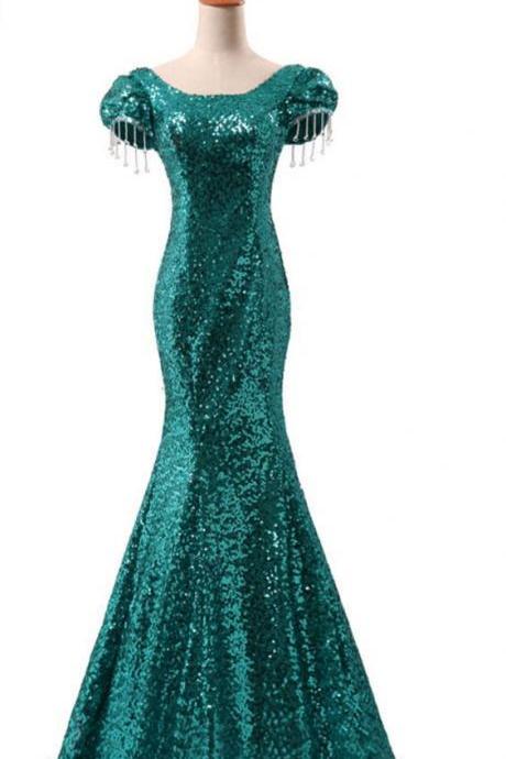 Elegant Party Evening Dresses Long Dress Mermaid Bling Sequin Lace-up Short Sleeve