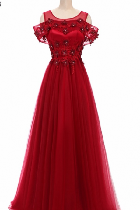 Deep Red Dress High Quality Fabrics Wedding Gown ,appliques Party Dress,3d Flower Applique,floor Length Evening Dress