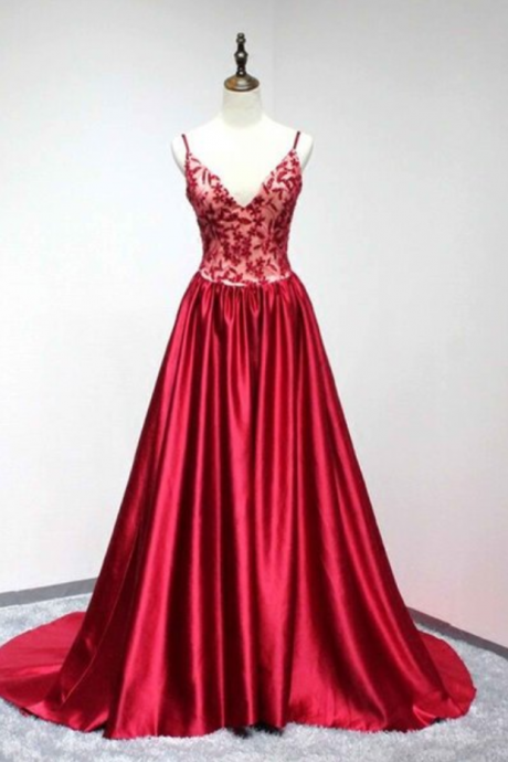 Red Satin V-neck A-line Long Formal Dress, Long Evening Dresses Lace Applique,floor Length Evening Dress, 2018 Fashion