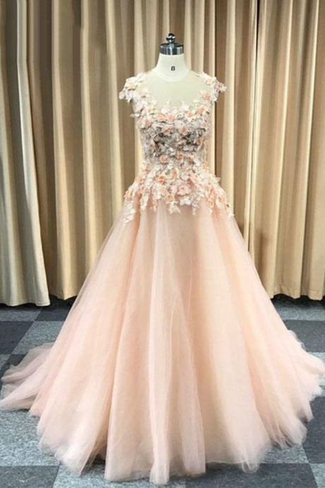 Pink Round Neck Tulle Lace Applique Long Prom Dress, Evening Dress