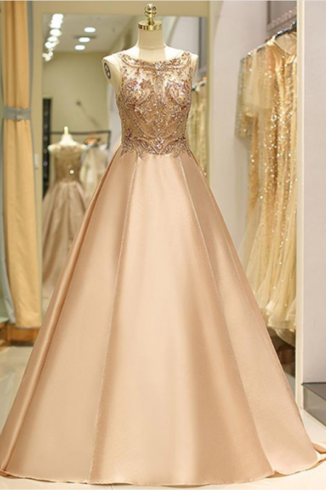 A Line Round Neck ,floor Length ,champagne Satin Prom,evening Dress With Beading