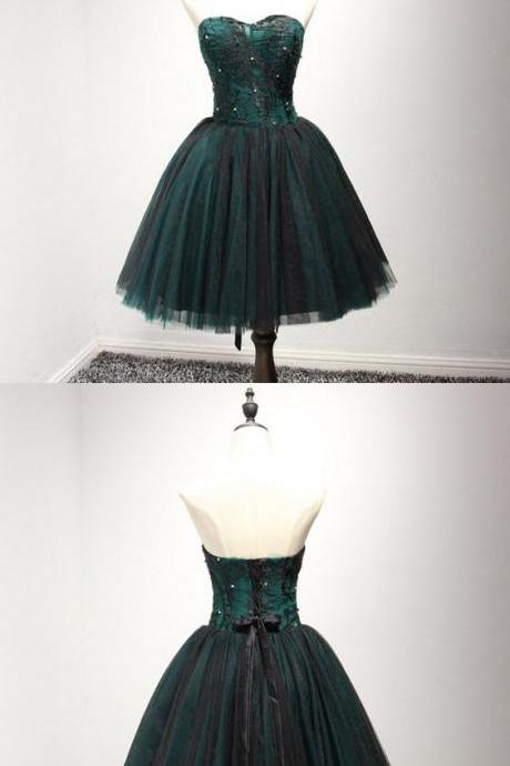 Dark Green Black Lace Tulle Prom Dresses, Affordable Corset Back Short Party Prom Dresses, Strapless Perfect Prom Dresses