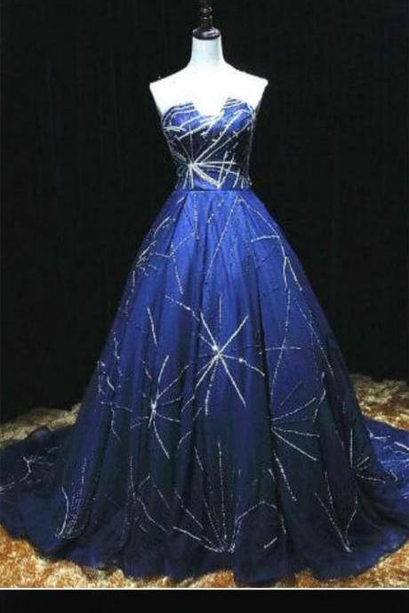 Royal Blue Tulle V Neck Strapless Long Evening Dress, Long Spring Party Dress
