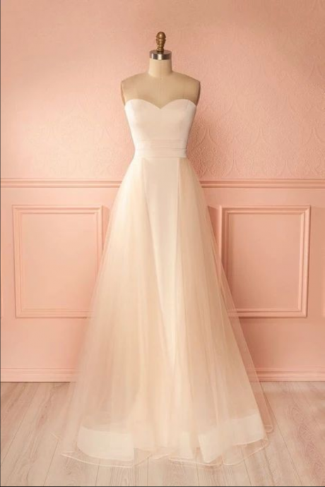 Simple Tulle Champagne Long Prom Dress, Light Champagne Tulle Long Evening Dress