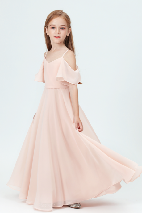 Flower Girl Dresses, Girls Bridesmaid Dresses Off-shoulder Ruffled Sleeves For Wedding Pleated Dresses Girl Party Princess Gowns Long Prom Dress