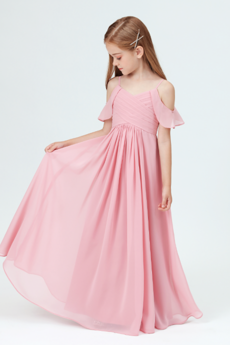 Flower Girl Dresses, Little Bridesmaid Party Off-shoulder Ruffled Sleeves Dress Girl Wedding Banquet Kids Birthday Party Dresses For Girls