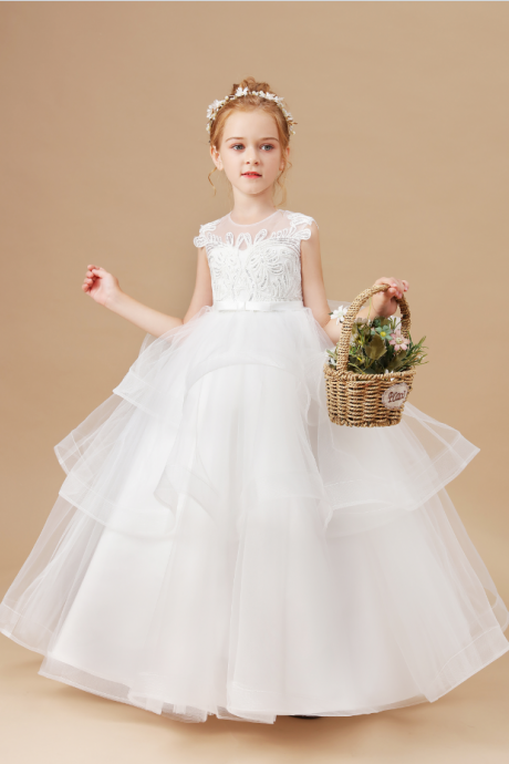 Flower Girl Dresses, Girls White Wedding Children Clothing Princess Sleeveless Dresses Baby Kids Birthday Party Clothes Appliques Tiered Dress