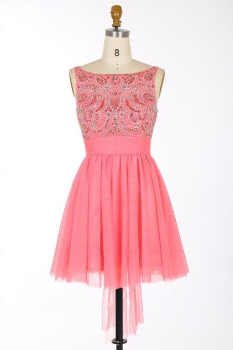 Sexy A-line Scoop Homecoming Dresses,short Chiffon Backless Homecoming Gowns,coral Prom/homecoming Dress With Beading Sashes