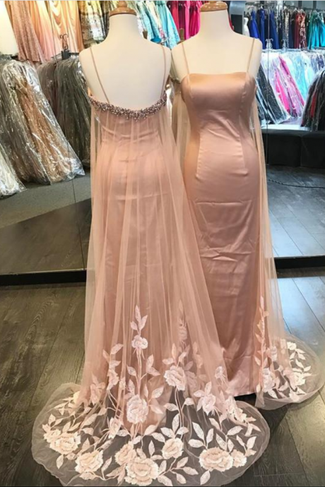 Elegant Embroidery Pink Satin Long Mermaid Prom Evening Gowns Dress