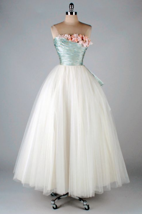 Custom Made Strapless Floral Embellished Satin And Tulle Homecoming Dress, Wedding Dress