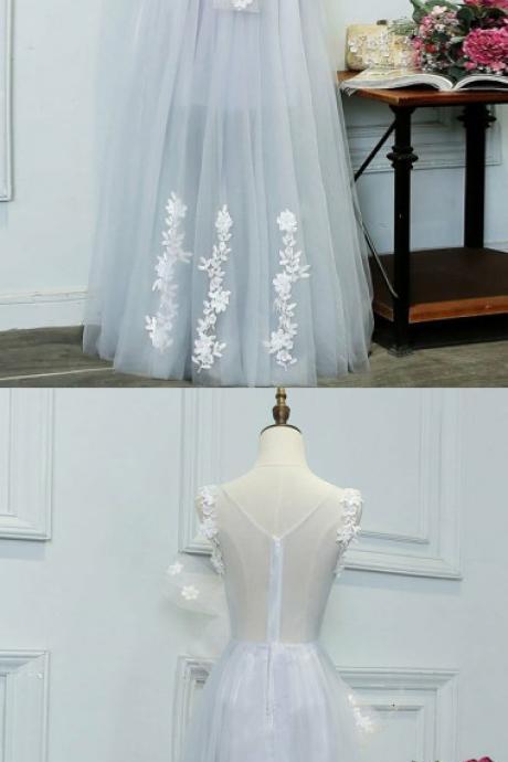 A-line Crew Floor-length Lavender Tulle Prom Dress With Appliques Bow