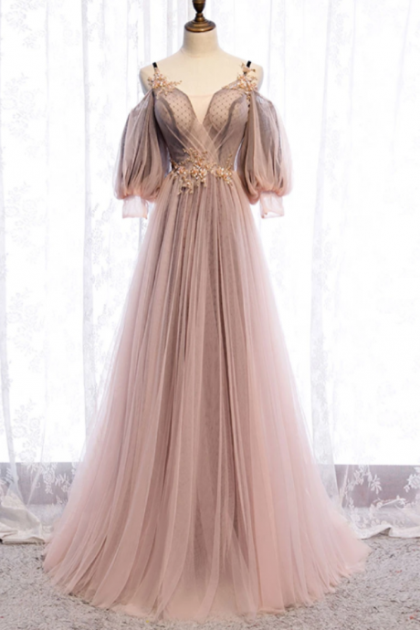 V Neck Tulle Lace Long Prom Dress Tulle Formal Dress