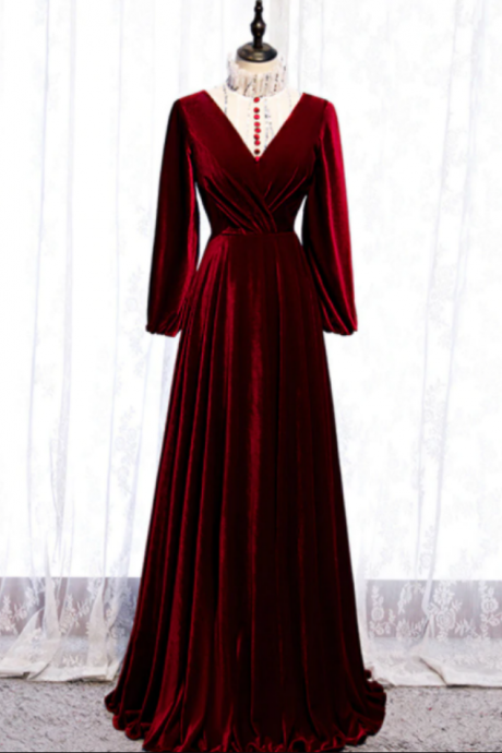 Dark Burgundy Velvet High Neck Long Sleeve Prom Dress