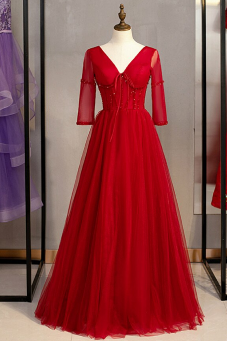 A-line Burgundy Tulle V-neck Short Sleeve Beading Prom Dress