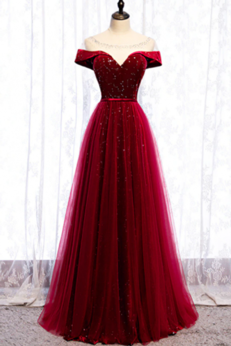 Scoop Cap Sleeves See Through Sequin Tulle Burgundy Prom Dress